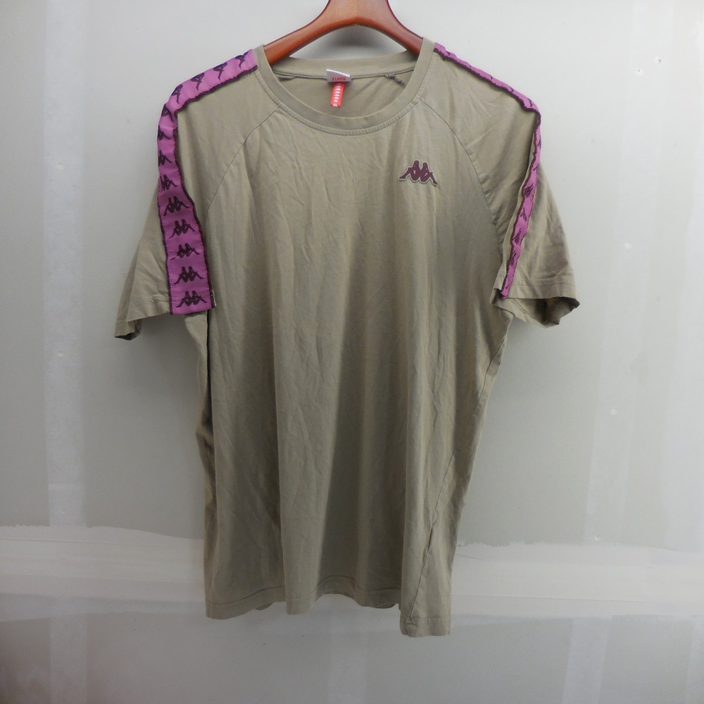 Kappa Mens XL T-Shirt Tan Khaki Purple Logo Tape Sleeve Omini Activewear Tee
